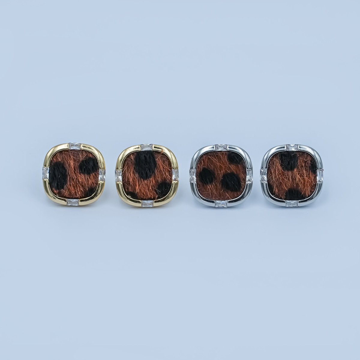 Leopard Print Faux Fur Dotted Baguette Bezel Stud Earrings in Gold & Silver | AE158 AE184 - DLUXCA