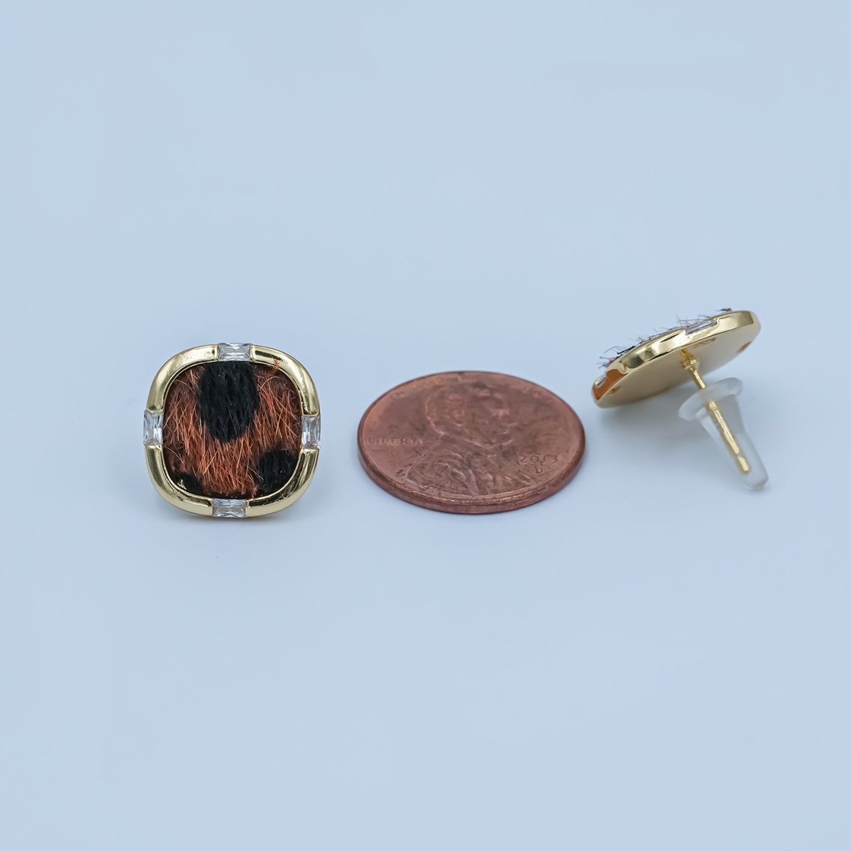 Leopard Print Faux Fur Dotted Baguette Bezel Stud Earrings in Gold & Silver | AE158 AE184 - DLUXCA