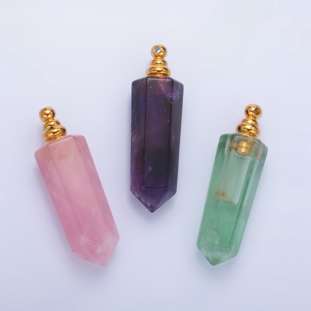 Long Pointed Crystal Vial Perfume Bottle Charm Rose Quartz Amethyst Aventurine Gemstone Essential Oil Bottle Pendant - DLUXCA