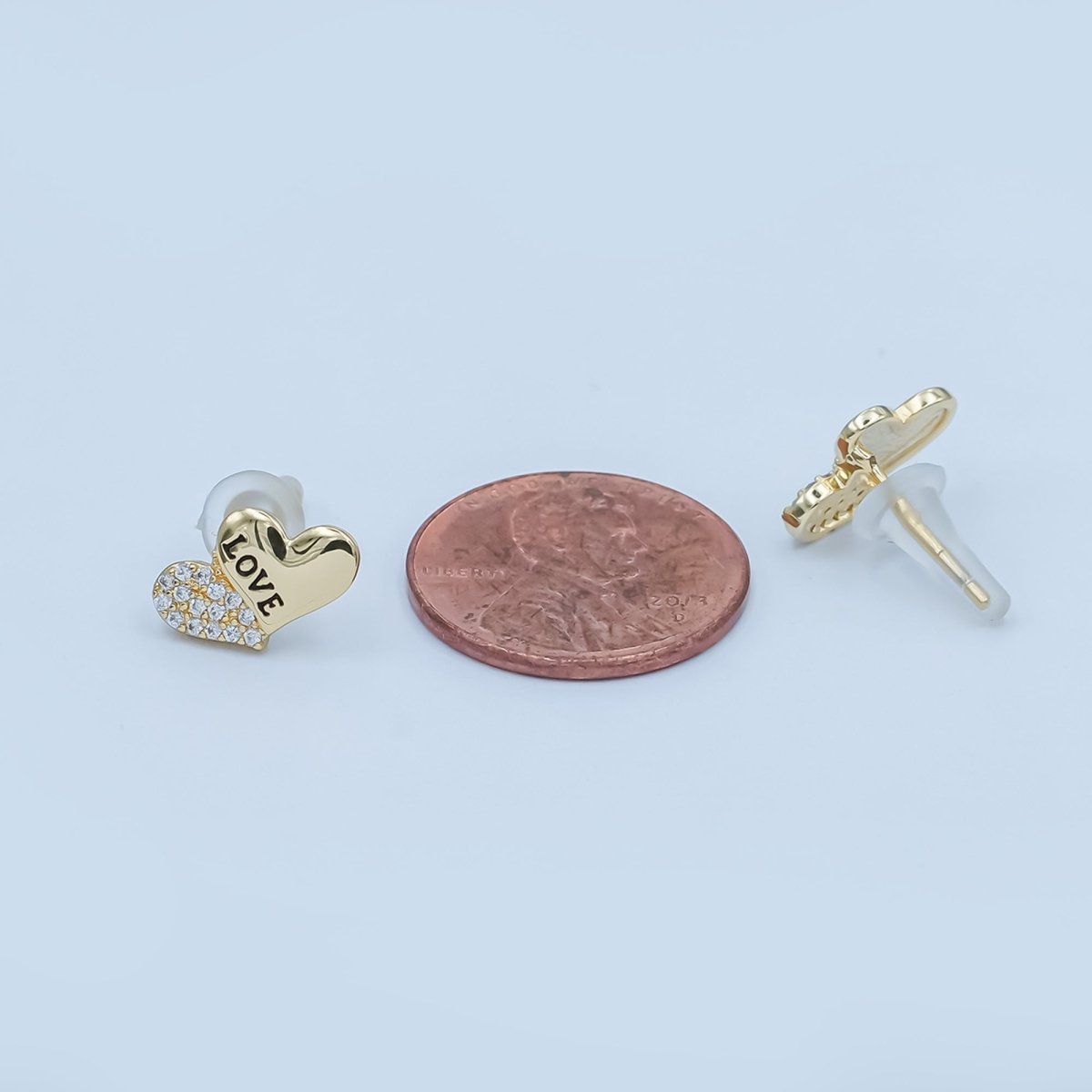 "LOVE" Engraved Micro Paved CZ Heart Stud Earrings in Gold & Silver | AD1503 AD1509 - DLUXCA