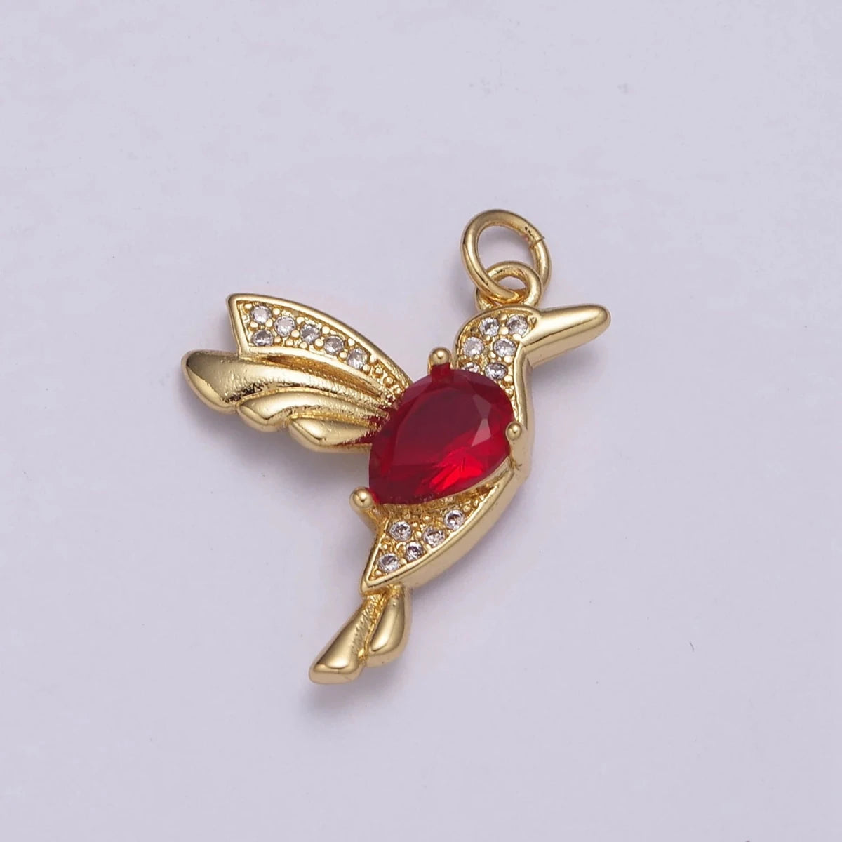 Micro Pave Gold Hummingbird Charm 24k Gold Filled Humming Bird Pendant 25.7mm x 19.7 mm Red CZ gold jewelry For Necklace Earring N-230 - DLUXCA