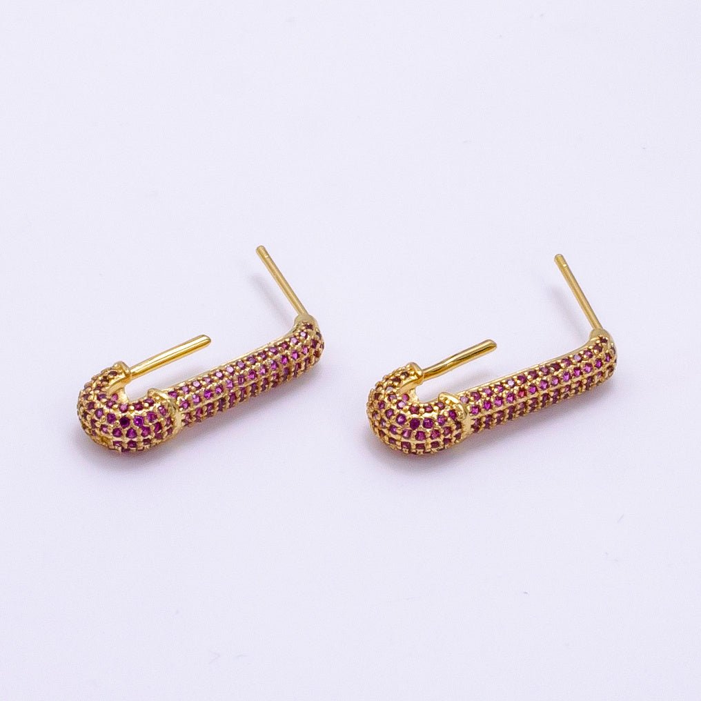 Micro Pave Gold Safety Pin Earrings Dainty Gold Stud dangle earring studs for Earring Supply Component to put beads / pearls, K-544 - DLUXCA