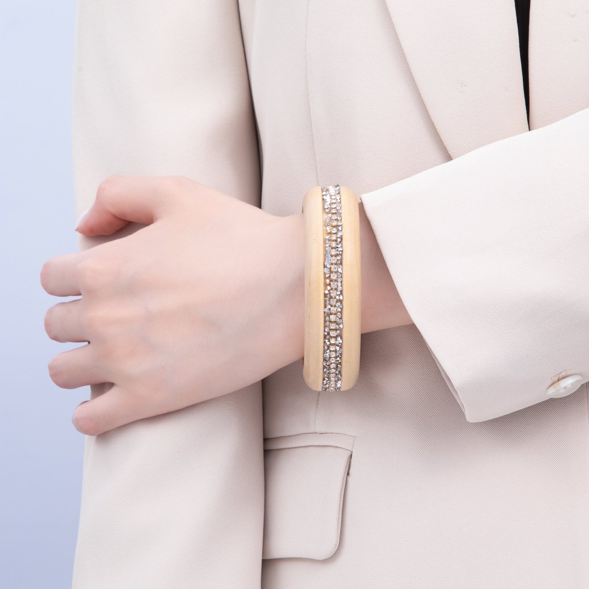 Micro Paved CZ Cluster Wood Bangle Bracelet in Black, Brown, Green, Latte | WA - 04289 - WA - 04292 - DLUXCA