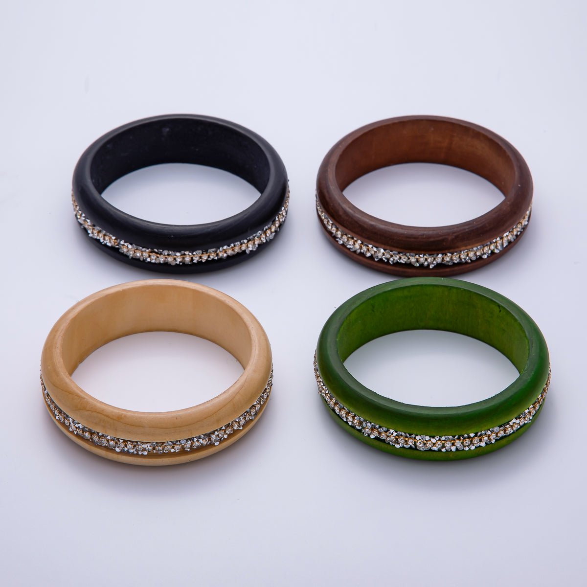 Micro Paved CZ Cluster Wood Bangle Bracelet in Black, Brown, Green, Latte | WA - 04289 - WA - 04292 - DLUXCA