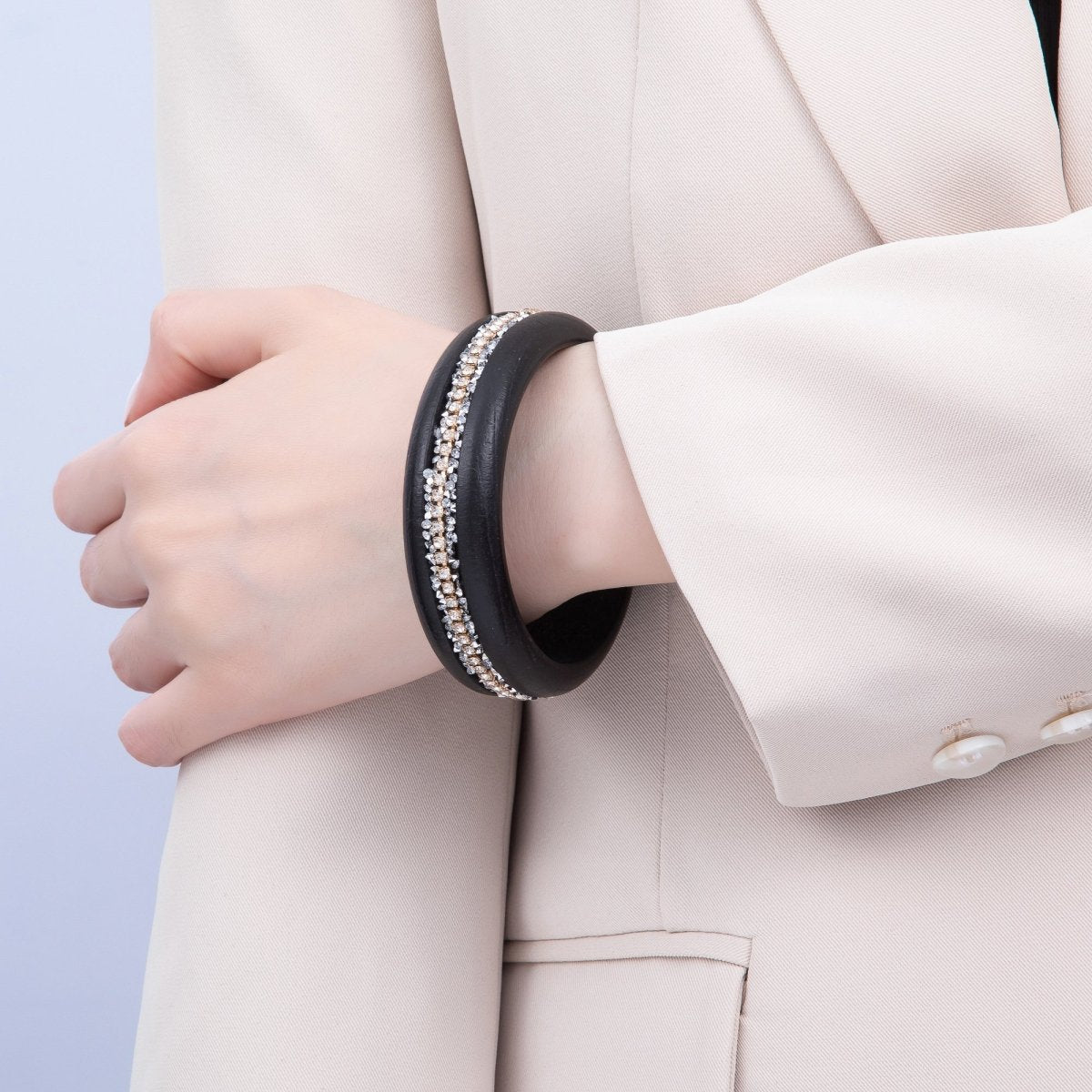 Micro Paved CZ Cluster Wood Bangle Bracelet in Black, Brown, Green, Latte | WA - 04289 - WA - 04292 - DLUXCA