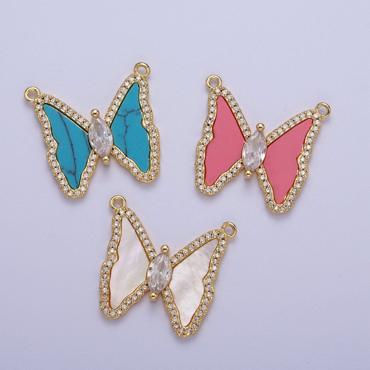 Micro Paved Marquise CZ Natural Gemstone Pink, Turquoise, Shell Pearl Butterfly Mariposa Wings Connector | F - 066 F - 103 F - 781 - DLUXCA