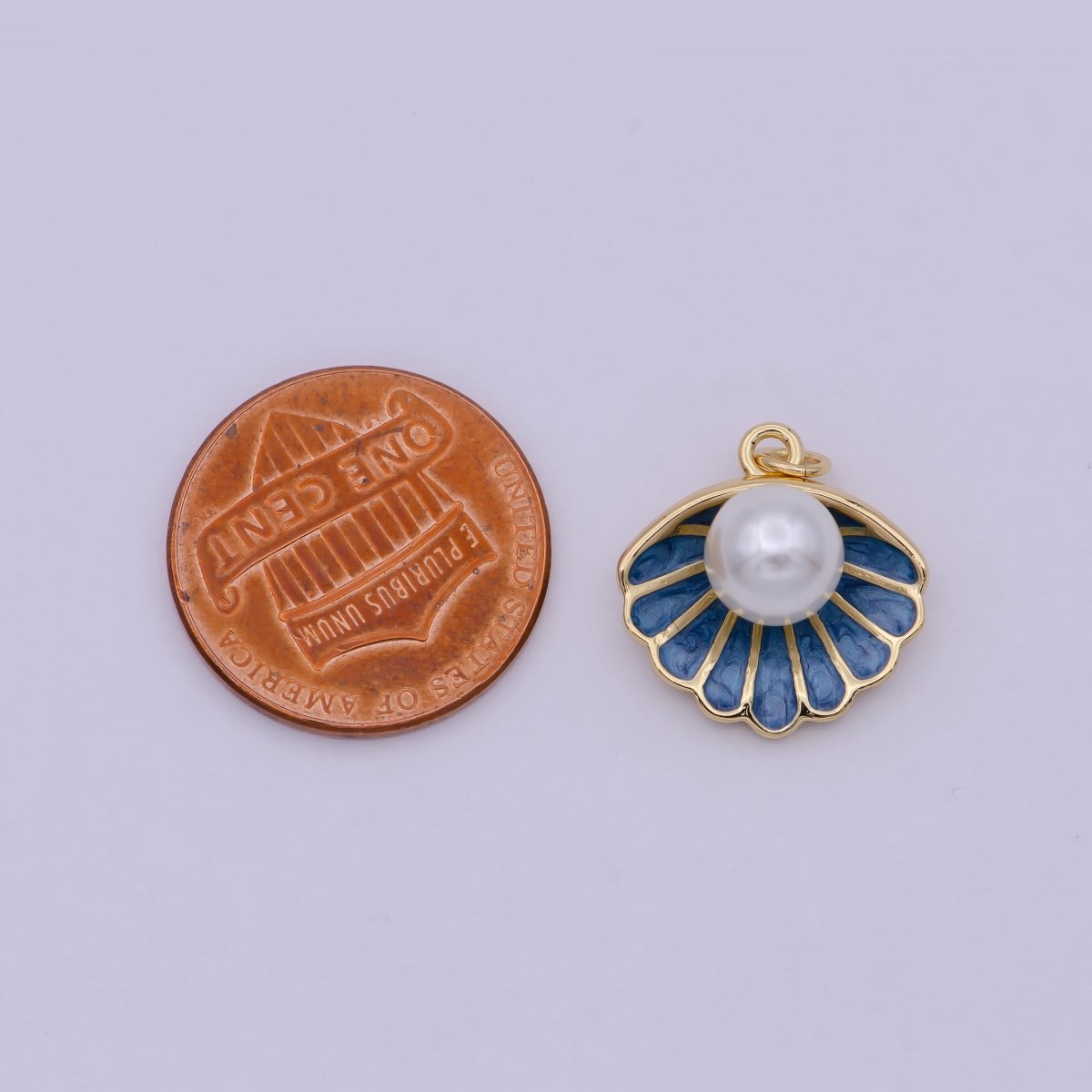 Mini Gold Shell Pearl Charm Blue Enamel Clam Pendant for Add on Charm N - 244 - DLUXCA