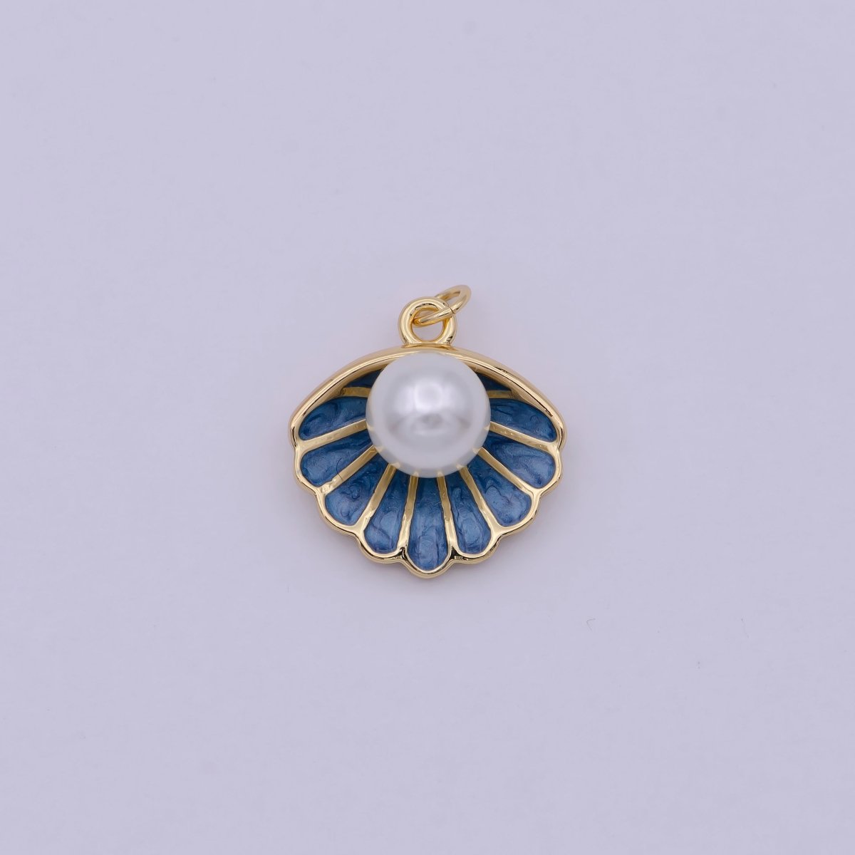 Mini Gold Shell Pearl Charm Blue Enamel Clam Pendant for Add on Charm N - 244 - DLUXCA