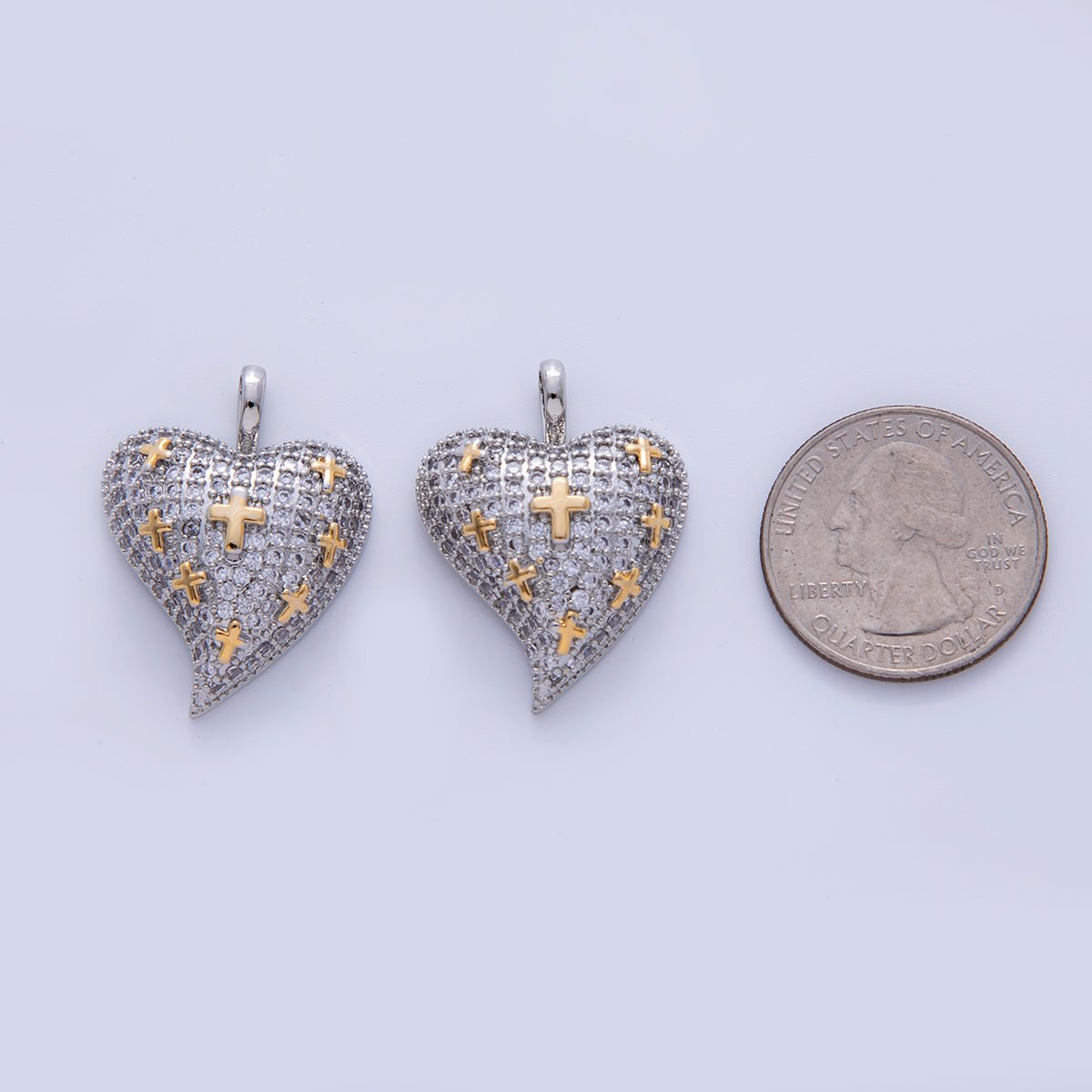 Mixed Metal Micro Paved CZ Cross Heart Chubby Pendant | AH718 - DLUXCA