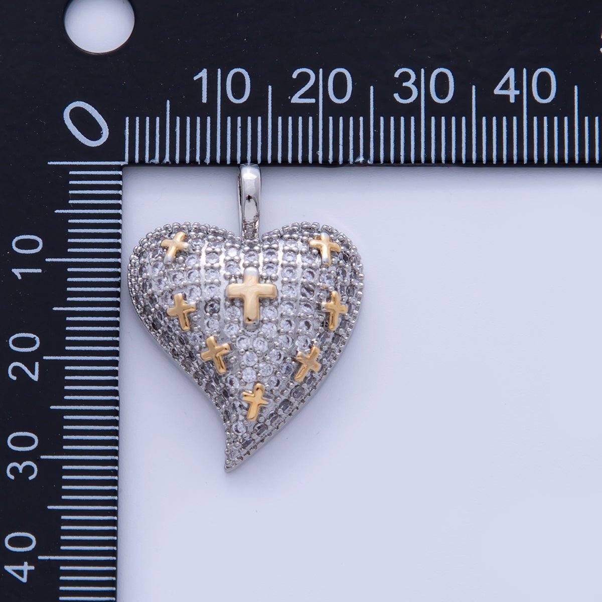 Mixed Metal Micro Paved CZ Cross Heart Chubby Pendant | AH718 - DLUXCA