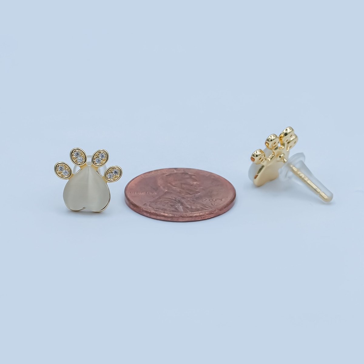 Moonstone Gemstone CZ Paw Print Stud Earrings in Gold & Silver | AD1501 AD1502 - DLUXCA