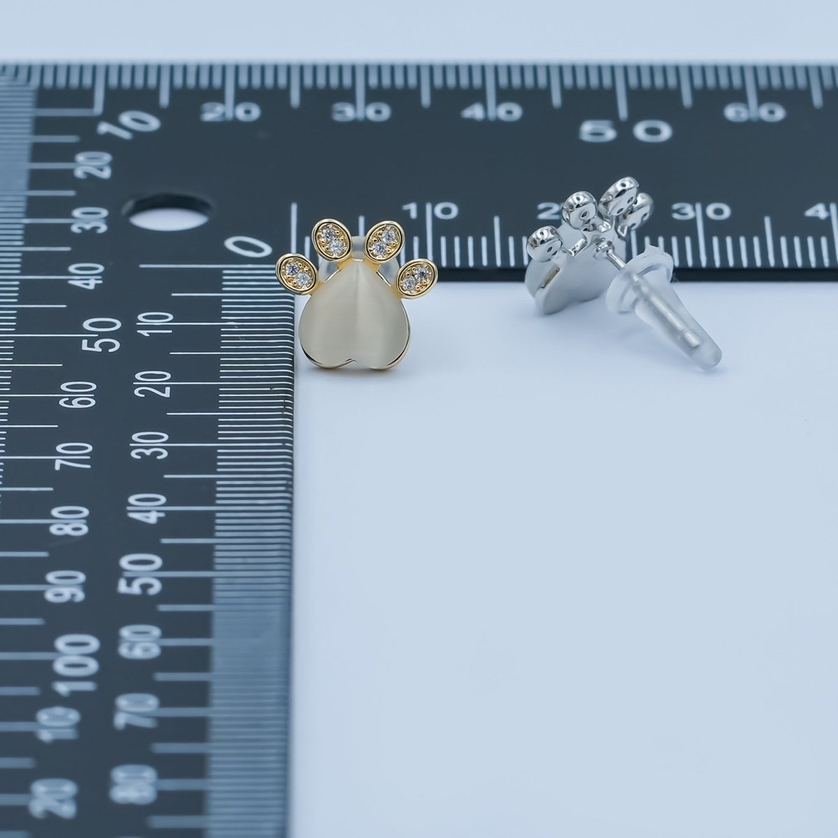 Moonstone Gemstone CZ Paw Print Stud Earrings in Gold & Silver | AD1501 AD1502 - DLUXCA