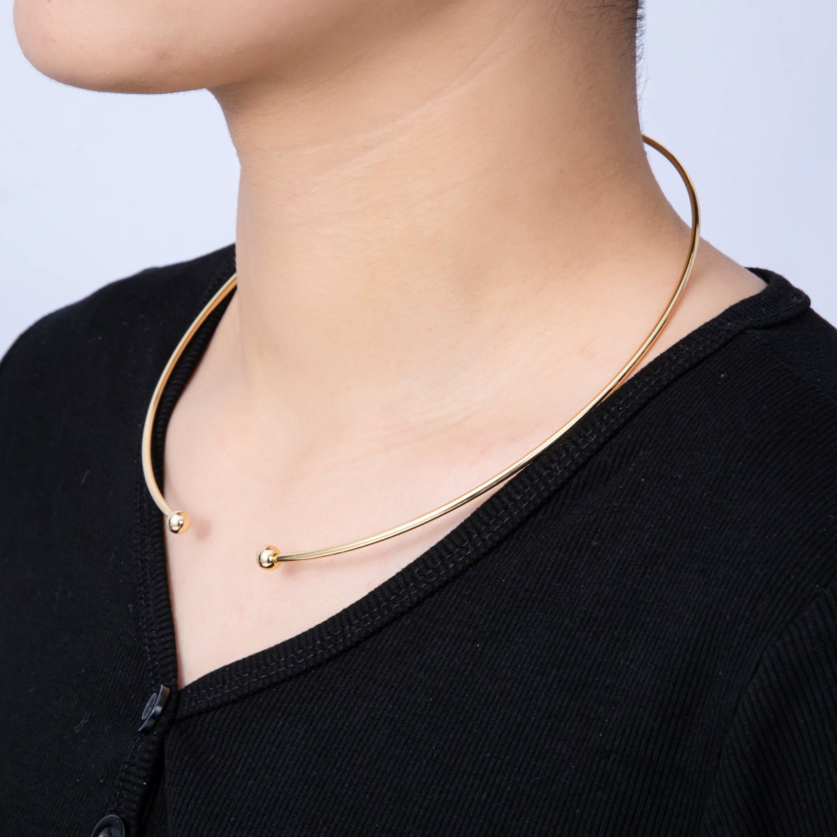 New version 16K Gold Filled 2mm Minimalist Necklace Cuff Collar Necklace with open beaded ball | WA - 04155 - DLUXCA