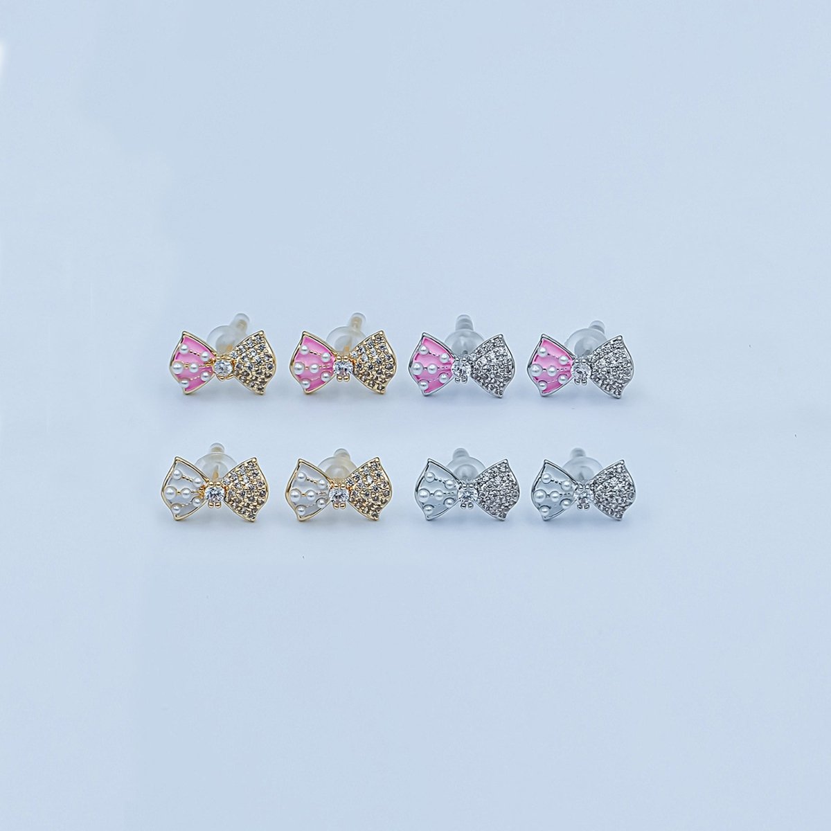 Pink, White Shell Pearl Micro Paved CZ Ribbon Bow Stud Earrings | AE185 - AE235 - DLUXCA