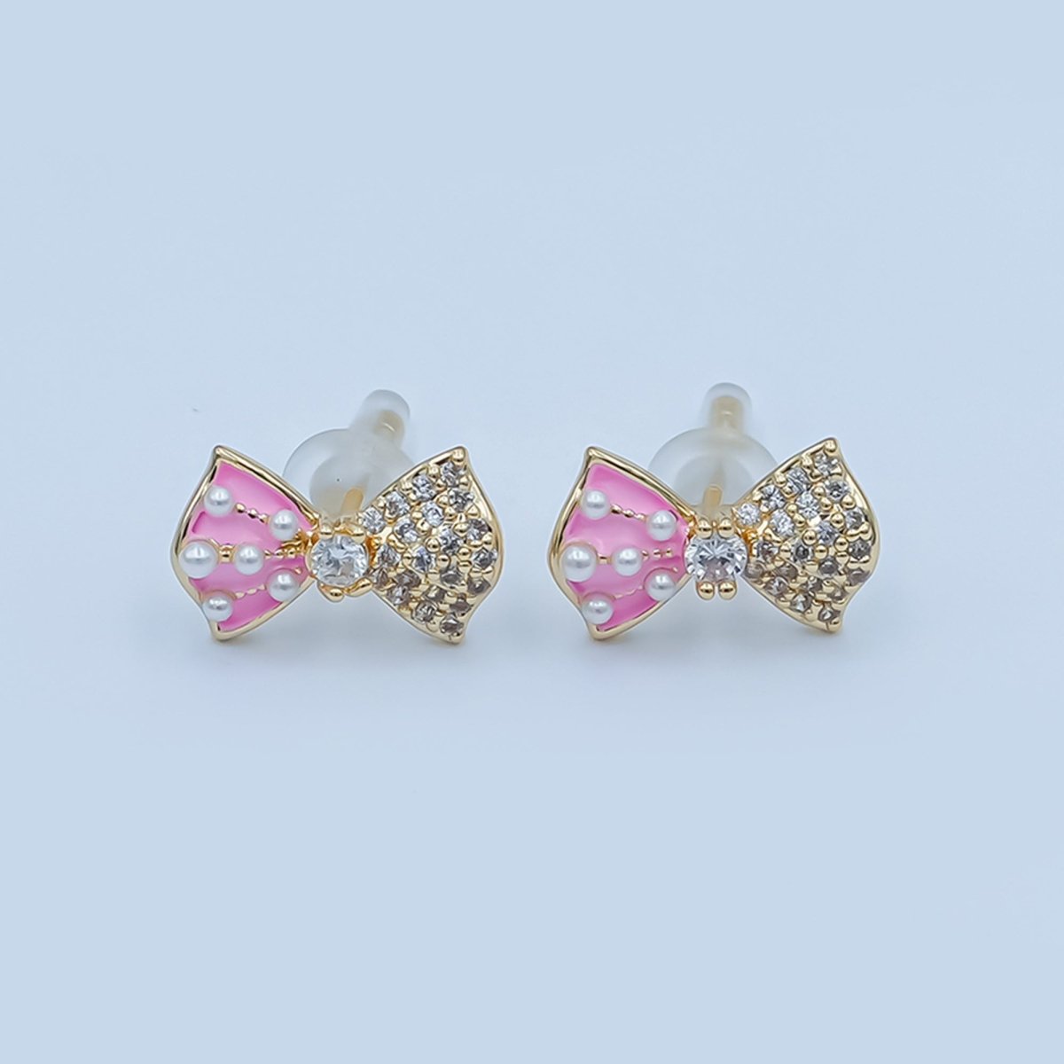 Pink, White Shell Pearl Micro Paved CZ Ribbon Bow Stud Earrings | AE185 - AE235 - DLUXCA