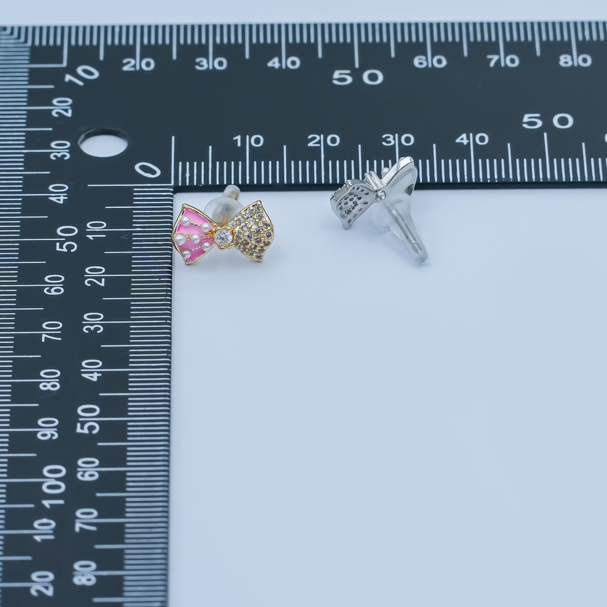 Pink, White Shell Pearl Micro Paved CZ Ribbon Bow Stud Earrings | AE185 - AE235 - DLUXCA