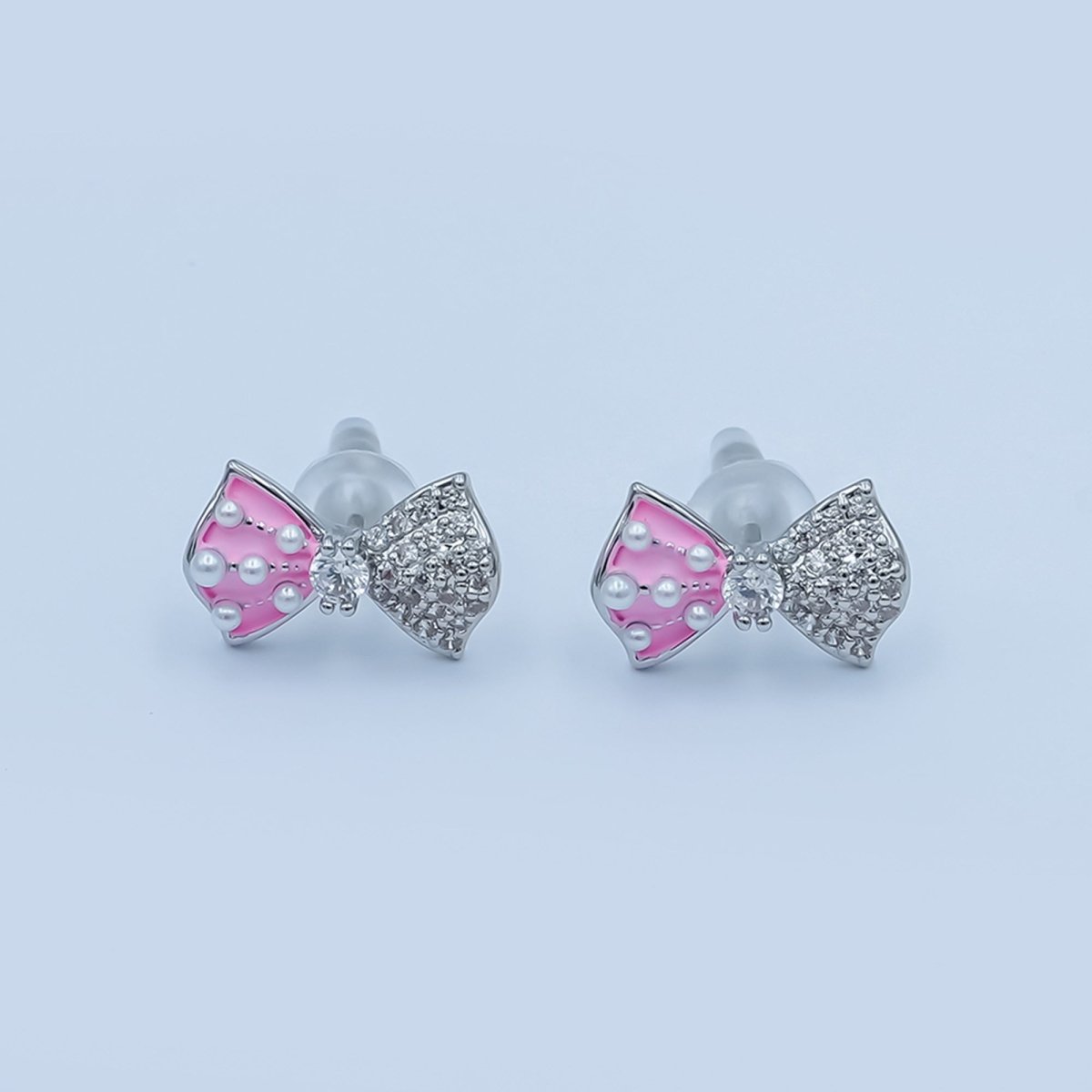 Pink, White Shell Pearl Micro Paved CZ Ribbon Bow Stud Earrings | AE185 - AE235 - DLUXCA