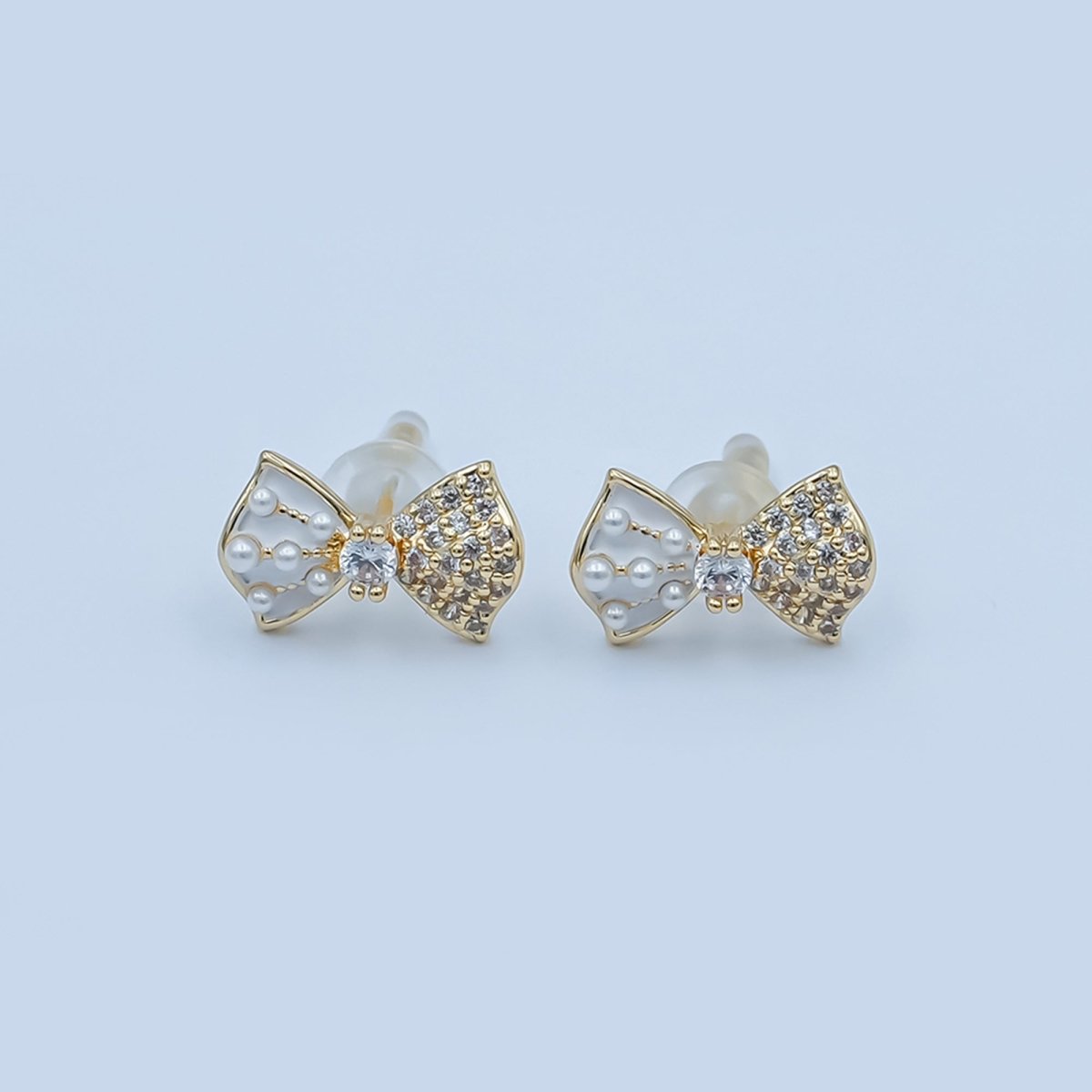 Pink, White Shell Pearl Micro Paved CZ Ribbon Bow Stud Earrings | AE185 - AE235 - DLUXCA