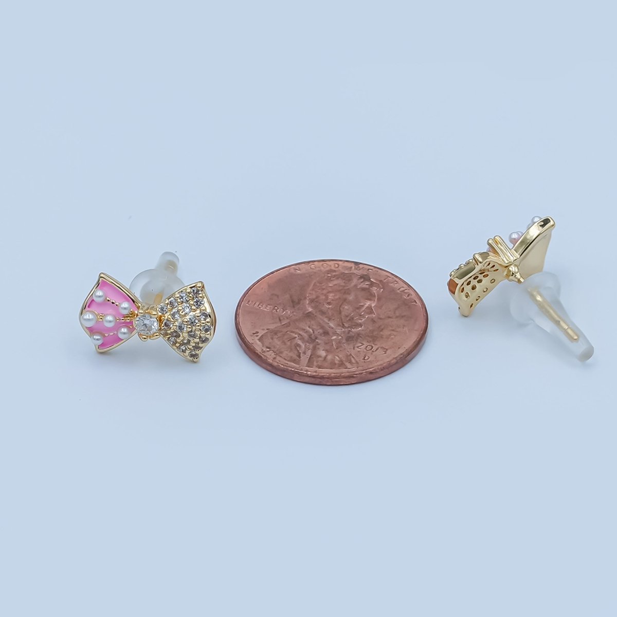 Pink, White Shell Pearl Micro Paved CZ Ribbon Bow Stud Earrings | AE185 - AE235 - DLUXCA