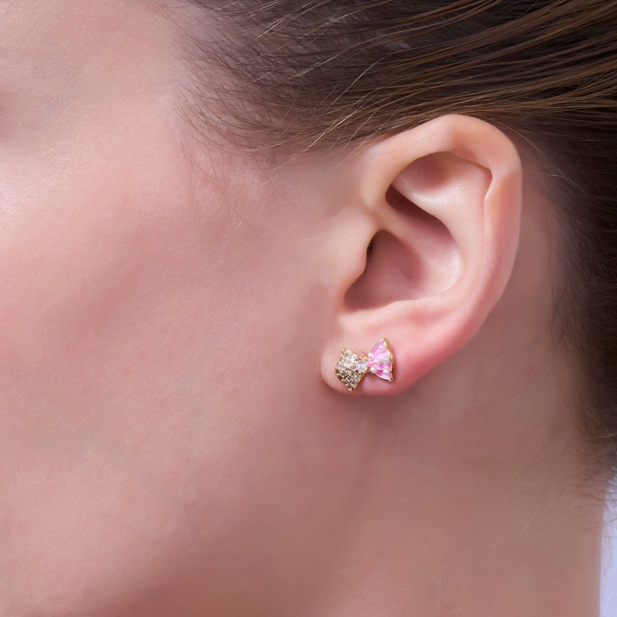 Pink, White Shell Pearl Micro Paved CZ Ribbon Bow Stud Earrings | AE185 - AE235 - DLUXCA
