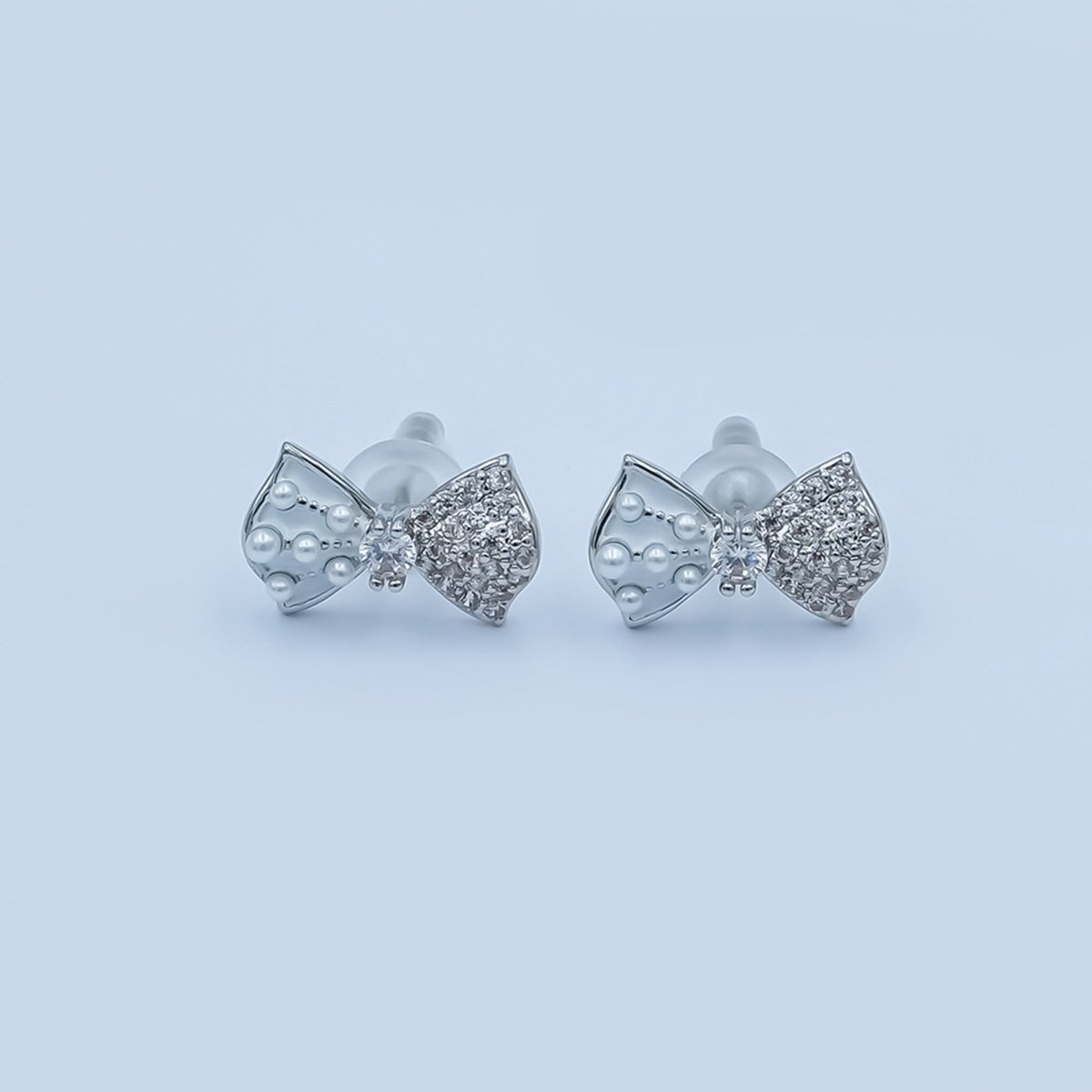 Pink, White Shell Pearl Micro Paved CZ Ribbon Bow Stud Earrings | AE185 - AE235 - DLUXCA