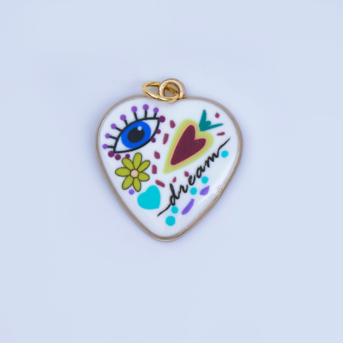 Positive Words Colorful Heart Enamel Charms 24K Gold Fill Love & Eye Pendants AJ - 406 - DLUXCA