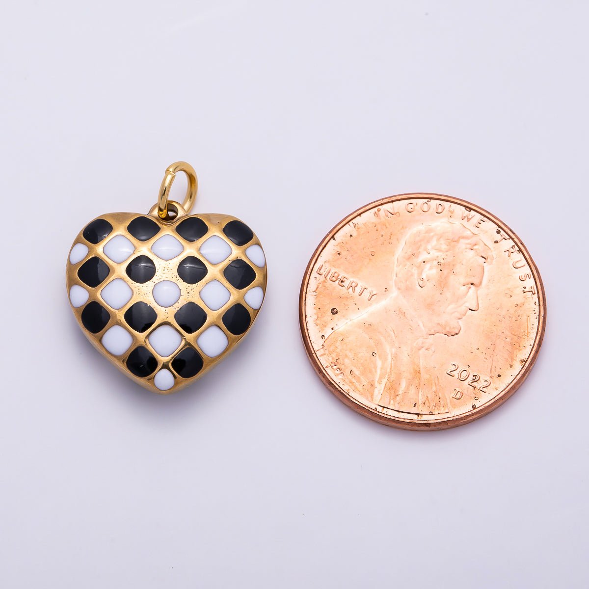 PVD Gold Stainless Steel 16mm Black & White Checkered Enamel Heart Charm | Charms-01428 - DLUXCA