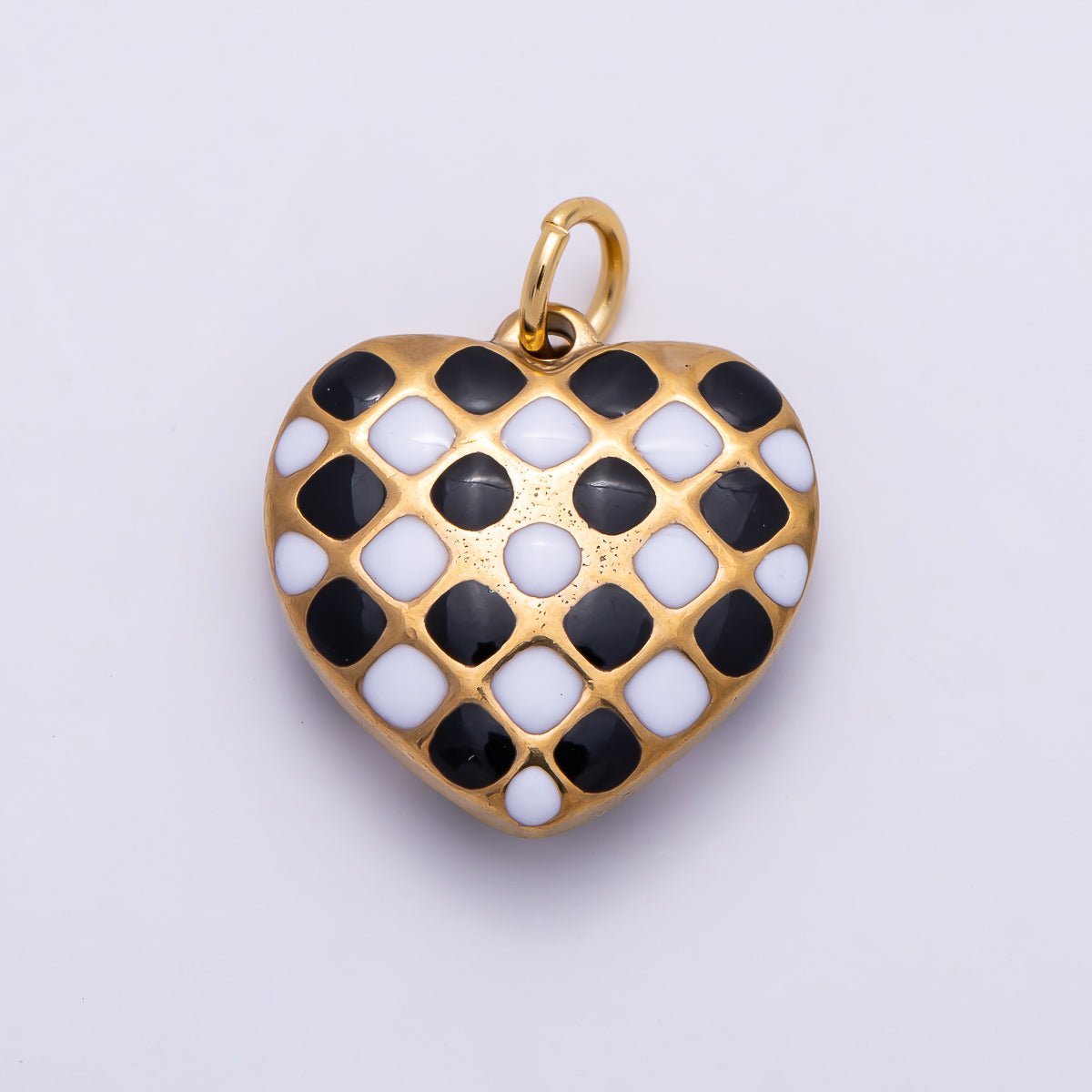 PVD Gold Stainless Steel 16mm Black & White Checkered Enamel Heart Charm | Charms-01428 - DLUXCA