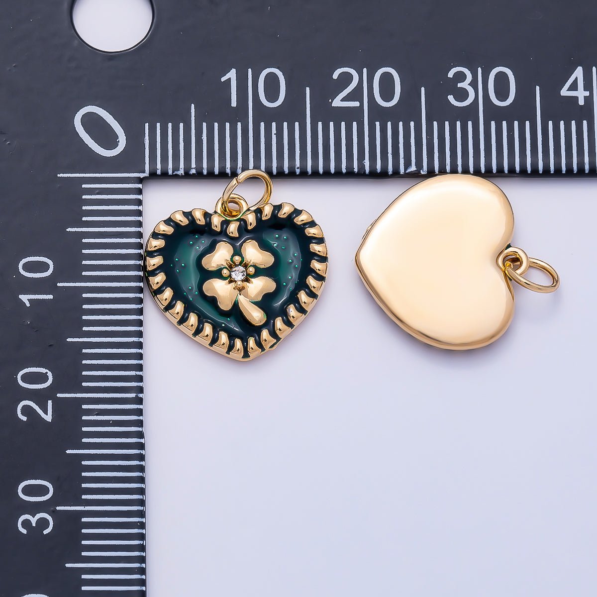 PVD Gold Stainless Steel 16mm Clear CZ Green Enamel Clover Heart Charm | Charms-01327 - DLUXCA
