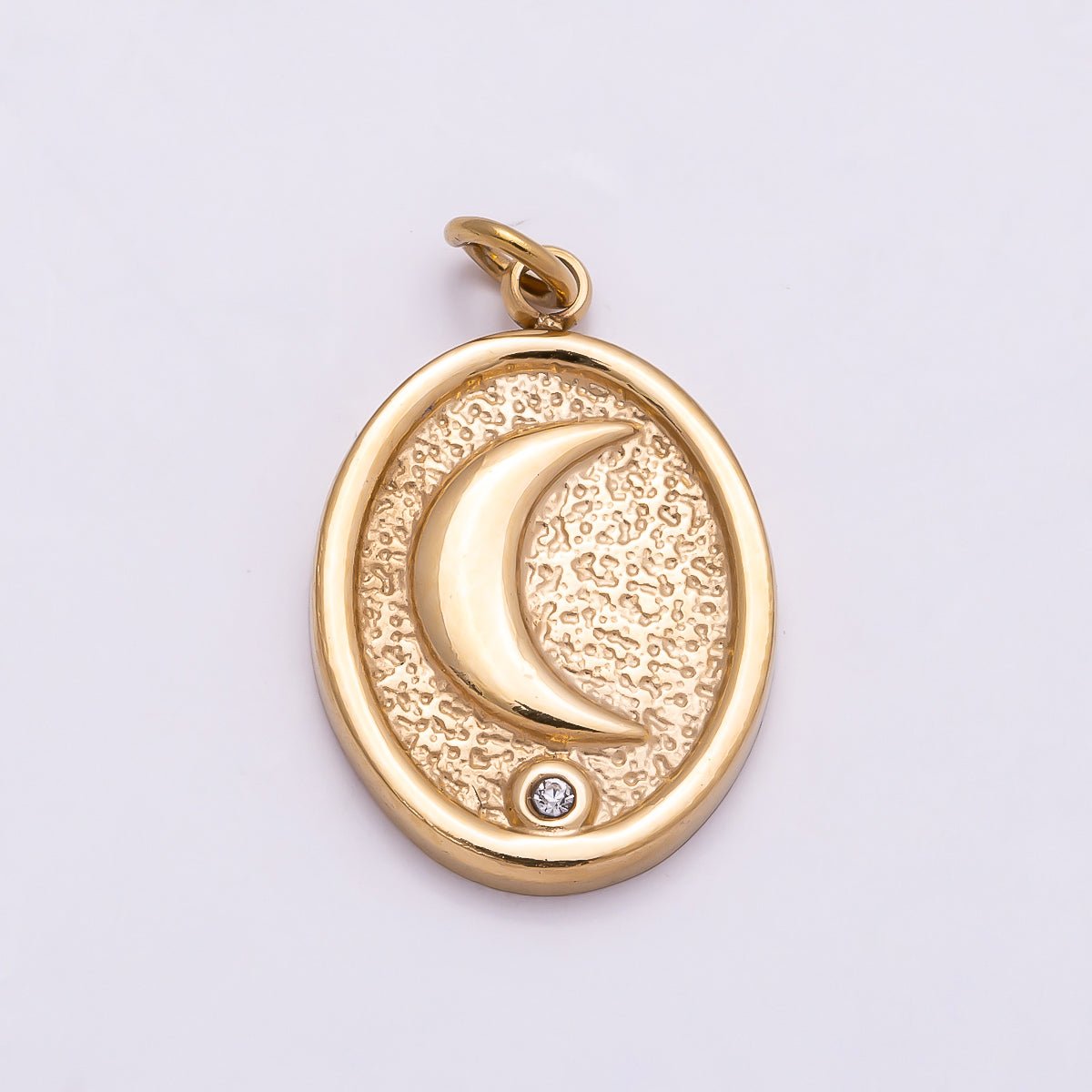 PVD Gold Stainless Steel 18mm Clear CZ Celestial Moon Textured Oval Charm | Charms-01027 - DLUXCA