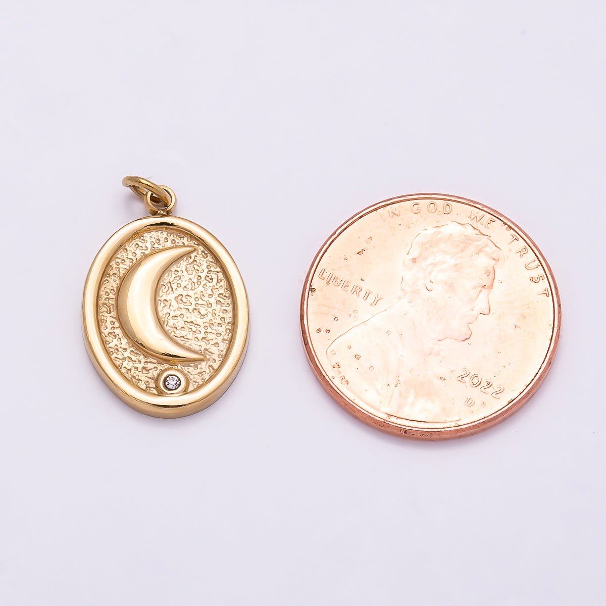 PVD Gold Stainless Steel 18mm Clear CZ Celestial Moon Textured Oval Charm | Charms-01027 - DLUXCA