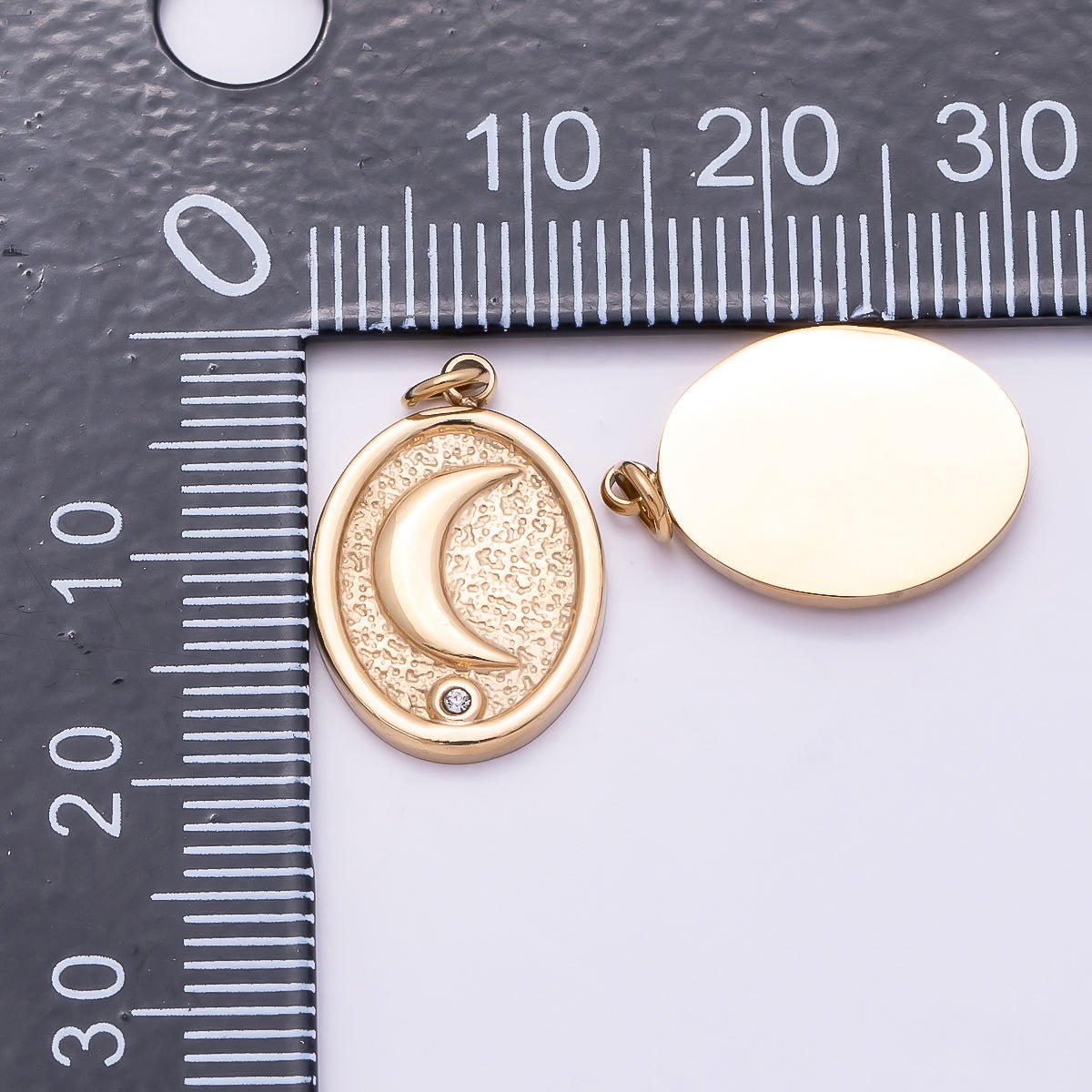 PVD Gold Stainless Steel 18mm Clear CZ Celestial Moon Textured Oval Charm | Charms-01027 - DLUXCA