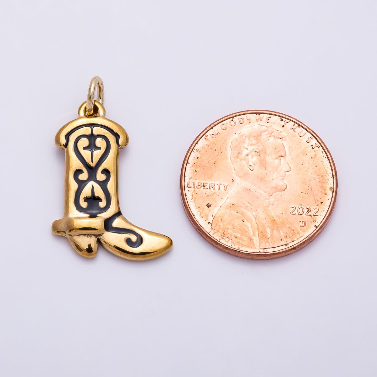 PVD Gold Stainless Steel 20mm Black Enamel Artisan Cowboy Boot Charm | Charms-01443 - DLUXCA