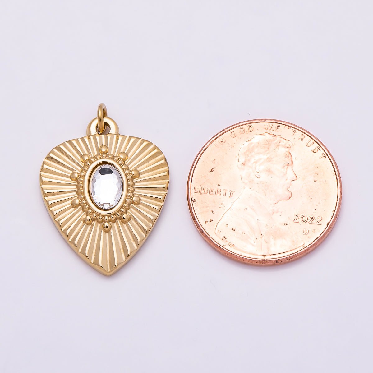 PVD Gold Stainless Steel 20mm Clear Oval CZ Radiant Sunburst Heart Medallion Charm | Charms-01023 - DLUXCA