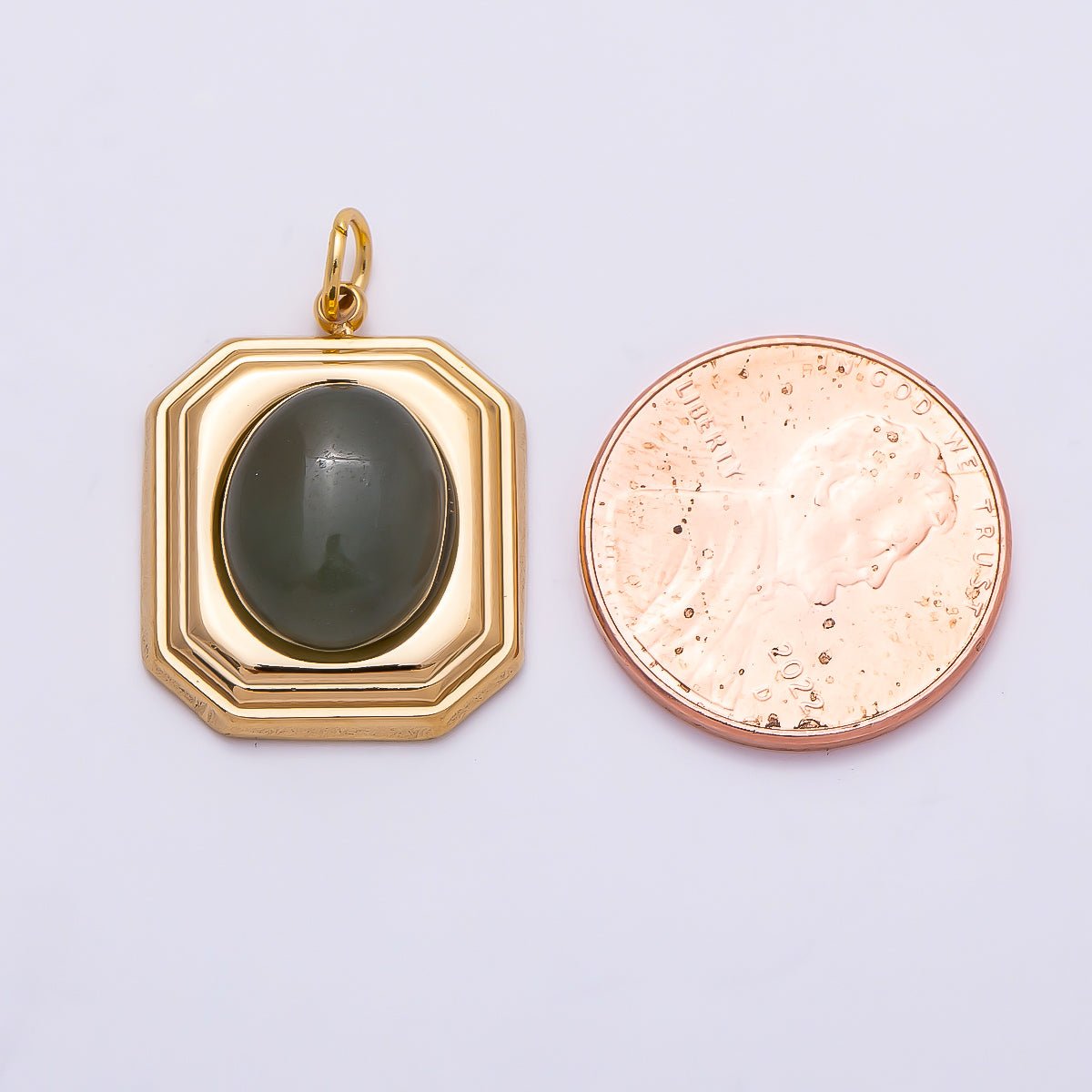 PVD Gold Stainless Steel 20mm Green Aventurine Cabochon Bezel Hexagon Charm | Charms-01331 - DLUXCA