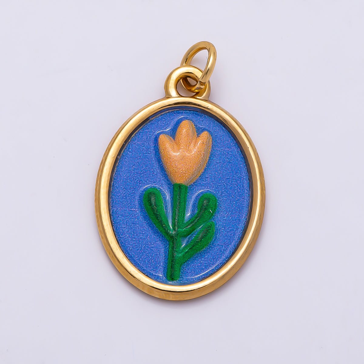 PVD Gold Stainless Steel 22mm Blue Enamel Tulip Flower Oval Charm | Charms-01343 - DLUXCA