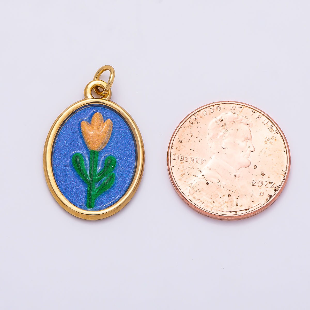 PVD Gold Stainless Steel 22mm Blue Enamel Tulip Flower Oval Charm | Charms-01343 - DLUXCA