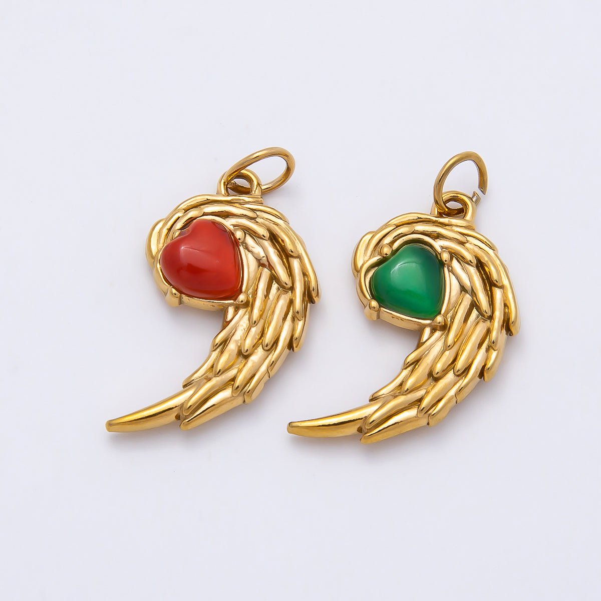 PVD Gold Stainless Steel 22mm Red, Green Heart Curved Angel Wing Charm | Charms-01125 Charms-00808 - DLUXCA