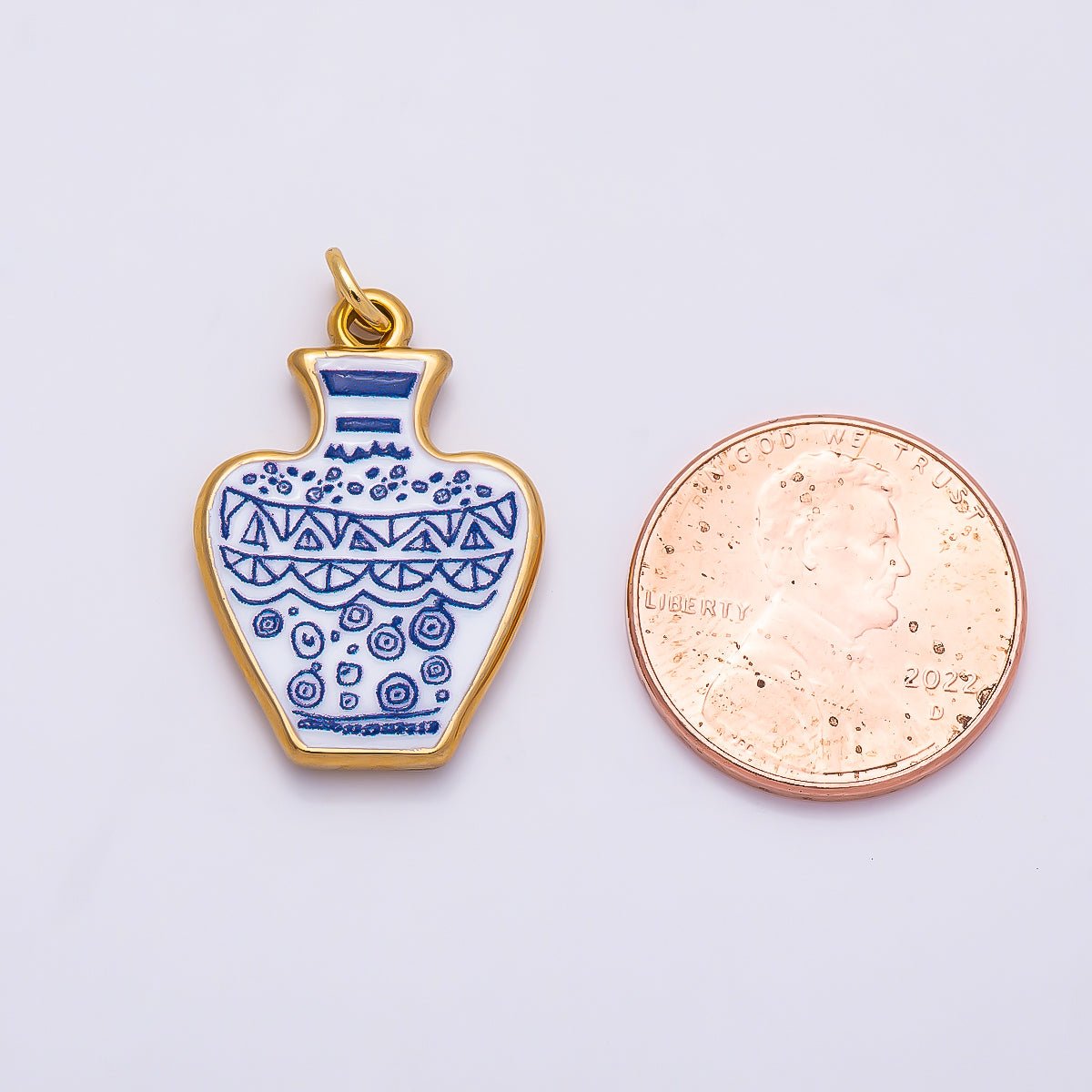 PVD Gold Stainless Steel 24mm Blue White Porcelain Artisan Ceramic Vase Charm | Charms-01330 - DLUXCA