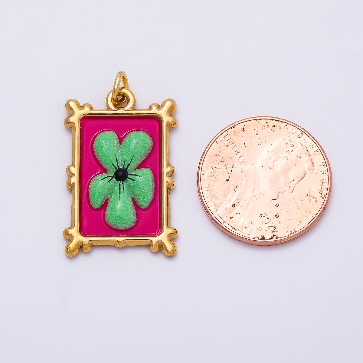 PVD Gold Stainless Steel 25mm Enamel Clover Flower Bezel Rectangle Charm | Charms-01325 - DLUXCA