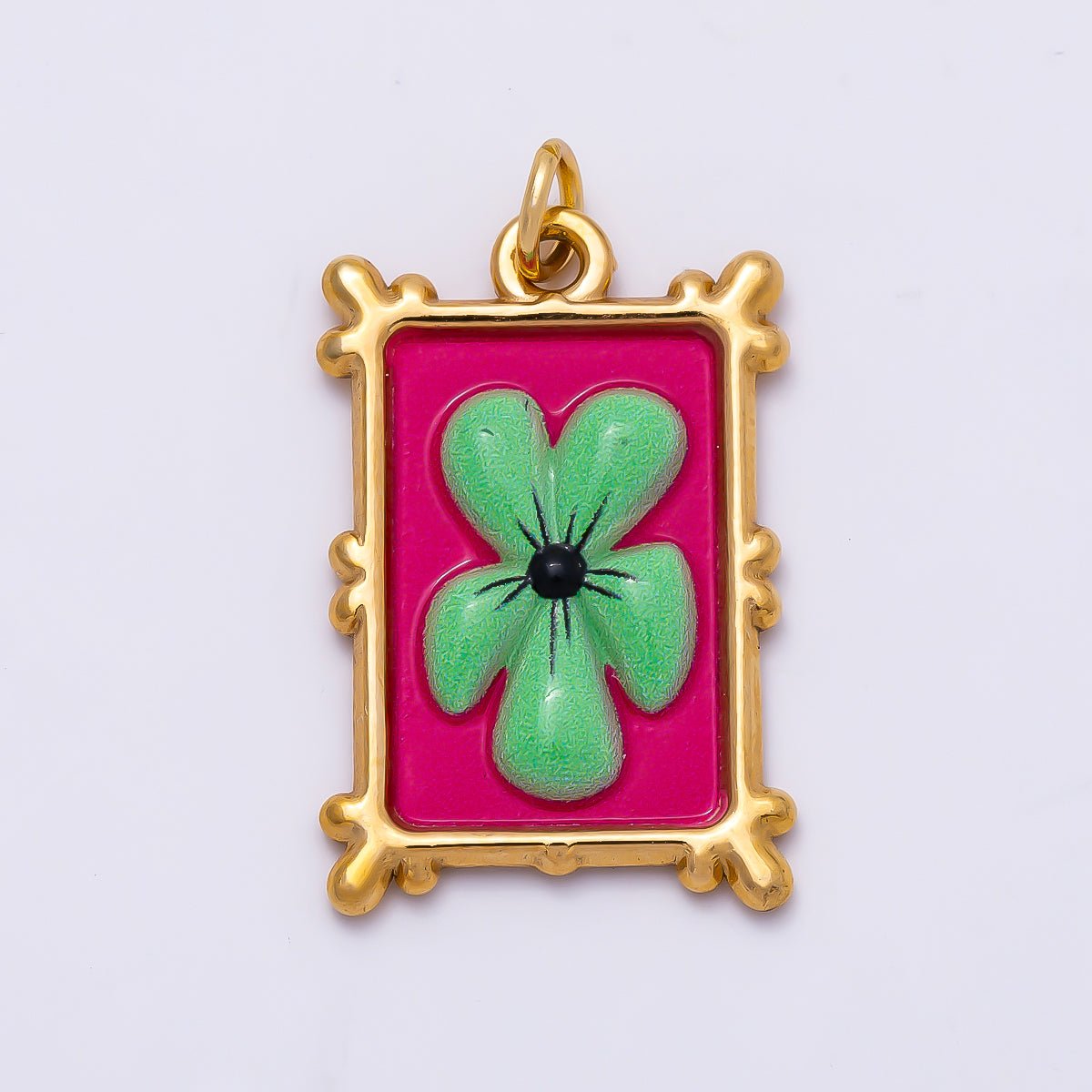 PVD Gold Stainless Steel 25mm Enamel Clover Flower Bezel Rectangle Charm | Charms-01325 - DLUXCA