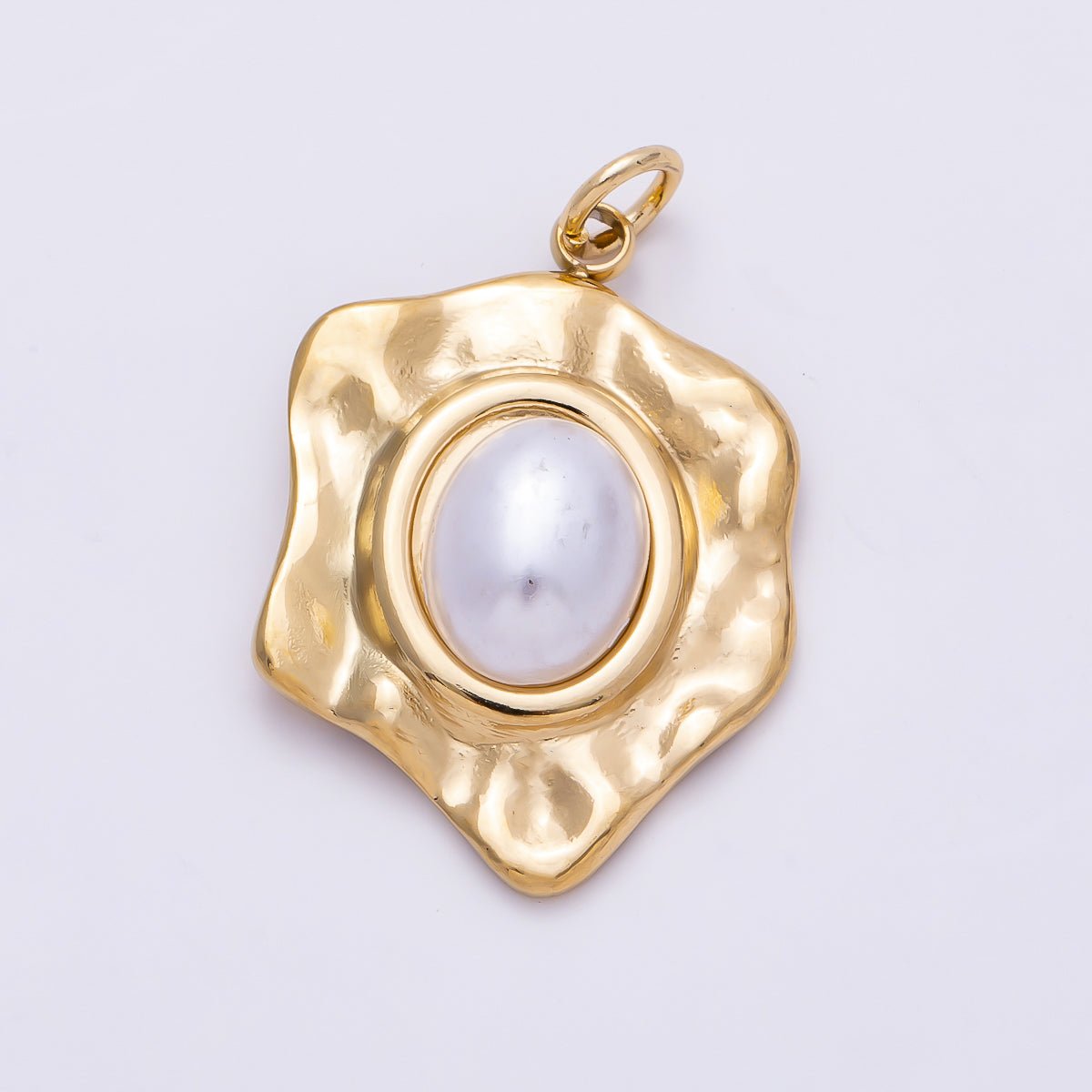 PVD Gold Stainless Steel 25mm Shell Pearl Cabochon Molten Charm | Charms-01440 - DLUXCA