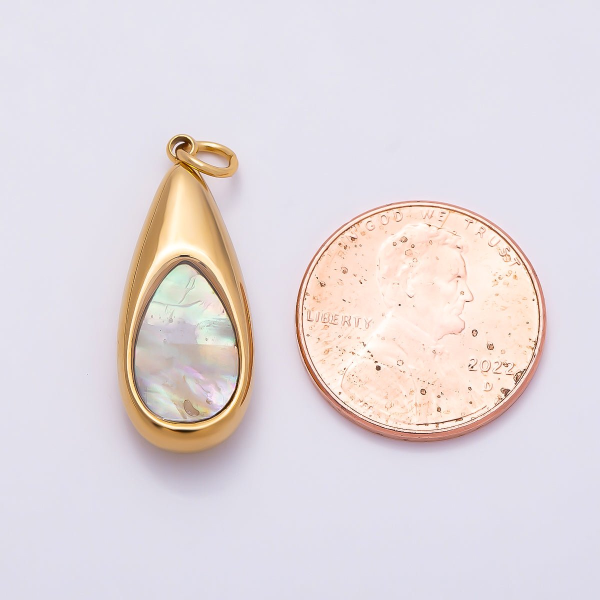 PVD Gold Stainless Steel 25mm Shell Pearl Teardrop Charm | Charms-01332 - DLUXCA
