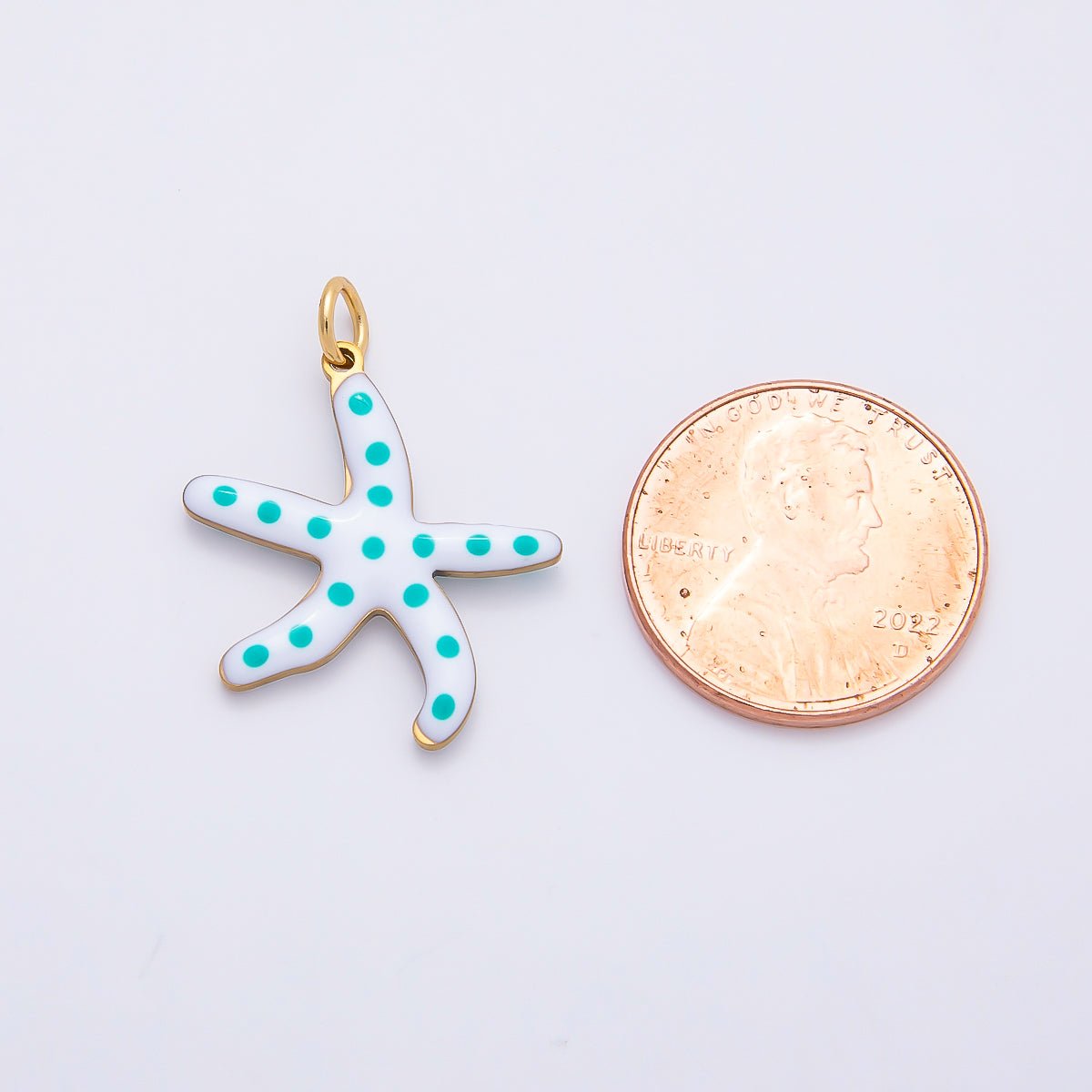 PVD Gold Stainless Steel 26.5mm Blue Dotted White Enamel Starfish Charm | AF390 - DLUXCA