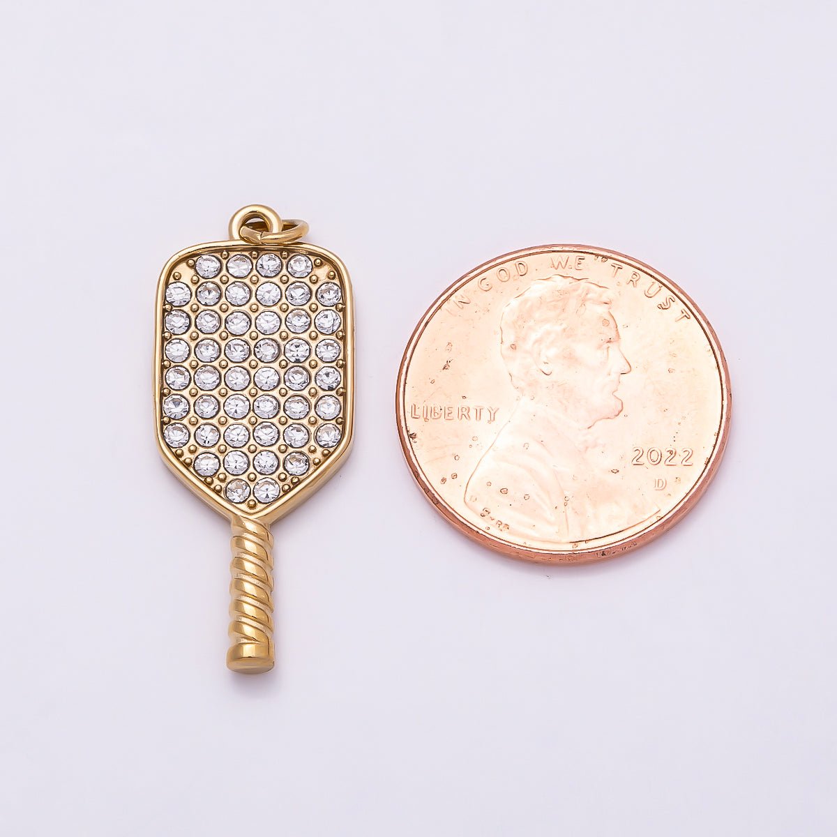 PVD Gold Stainless Steel 28mm Micro Paved CZ Racket Pickleball Paddle Sport Charm | Charms-01024 - DLUXCA