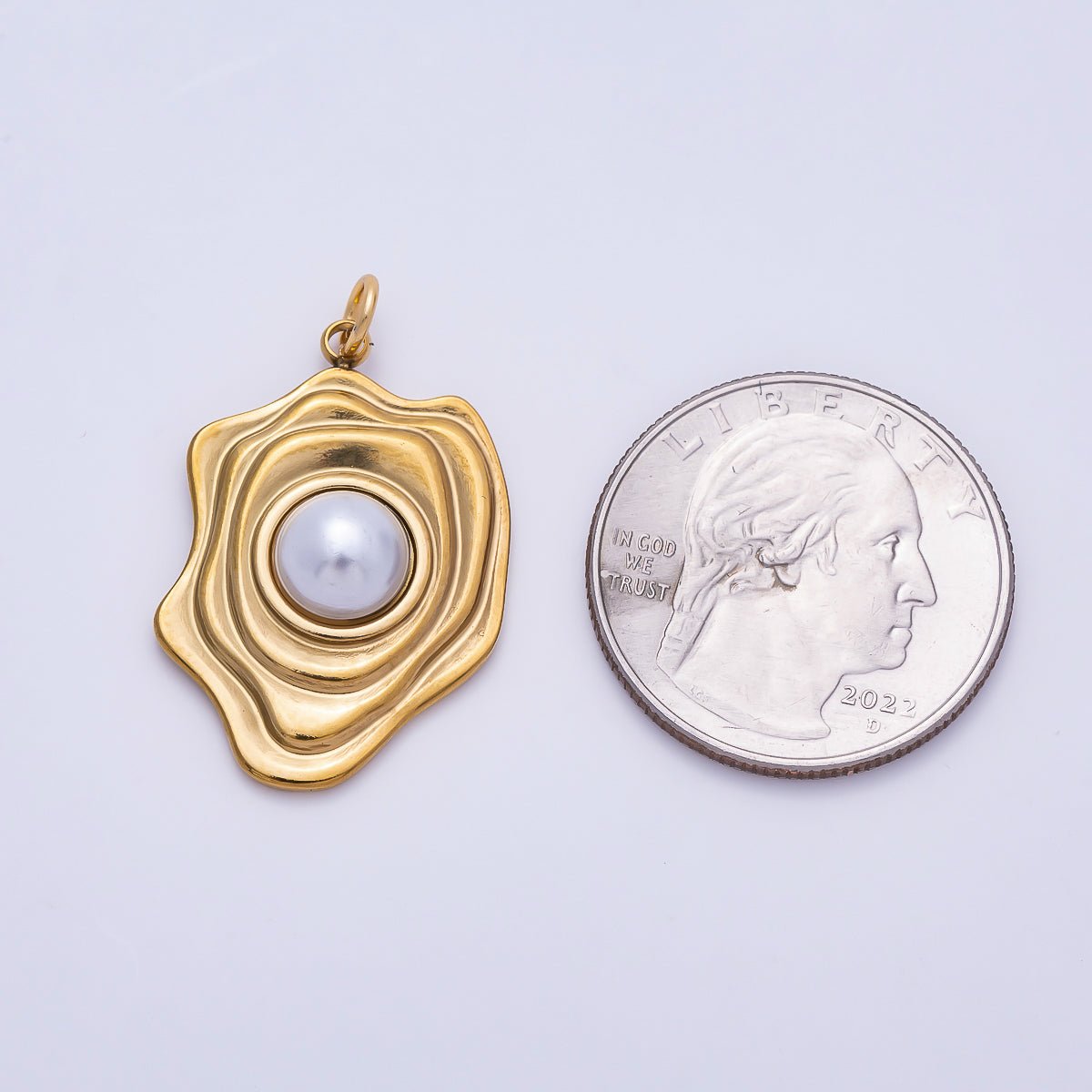 PVD Gold Stainless Steel 28mm Shell Pearl Lined Molten Geometric Charm | Charms-01442 - DLUXCA