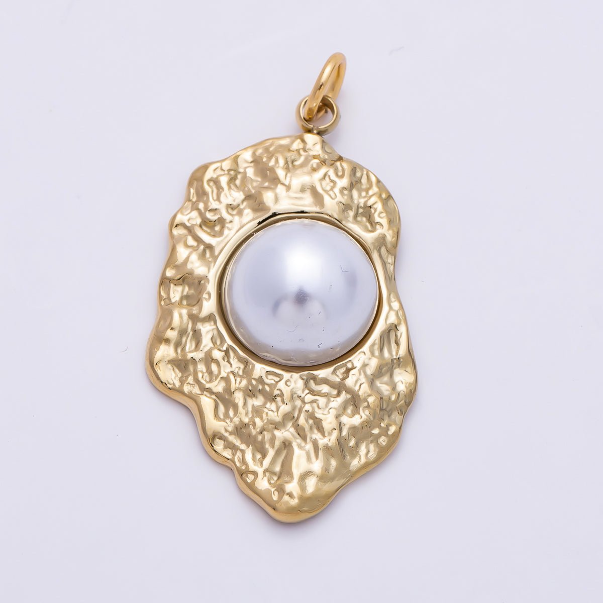 PVD Gold Stainless Steel 30mm White Shell Pearl Hammered Molten Charm | Charms-01437 - DLUXCA
