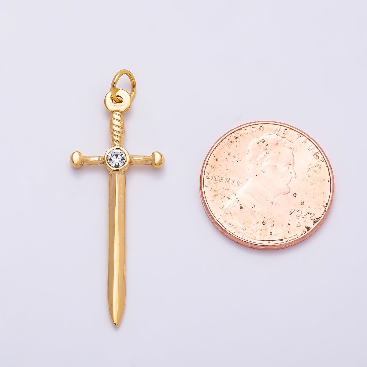 PVD Gold Stainless Steel 35mm Clear CZ Knife Sword Charm | Charms-01328 - DLUXCA
