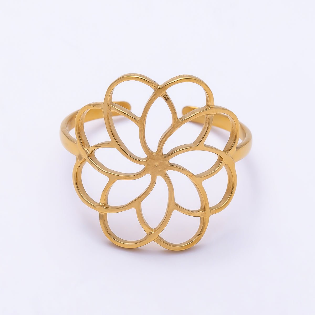 PVD Gold Stainless Steel Open Minimalist Flower Statement Ring | Rings-00323 - DLUXCA
