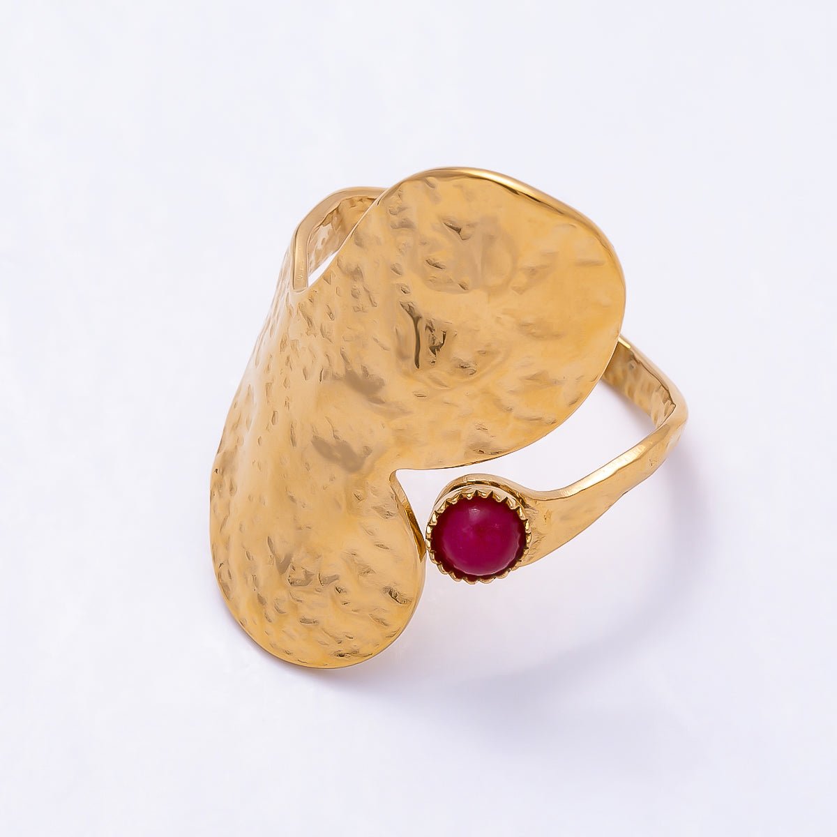 PVD Gold Stainless Steel Red Agate Gemstone Hammered Geometric Wrap Ring | Rings-00313 - DLUXCA